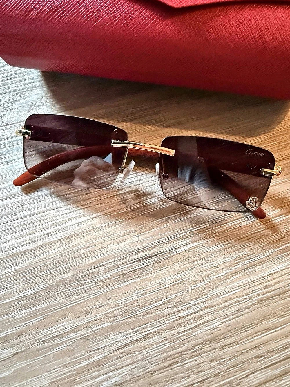 Cartier C Décor Rimless Wood Sunglasses Brown & Gold